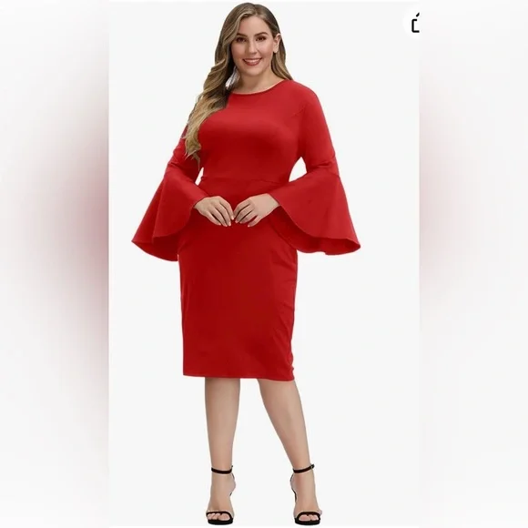 Plus Size Long Sleeve Bodycon for Women Bell Sleeve Cocktail Dress Size 22 Wide - Picture 3 of 9